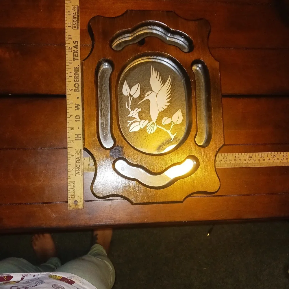 Vintage Wood mirror wall art acid etched w hummingbird & trumpet vine 15x11x1